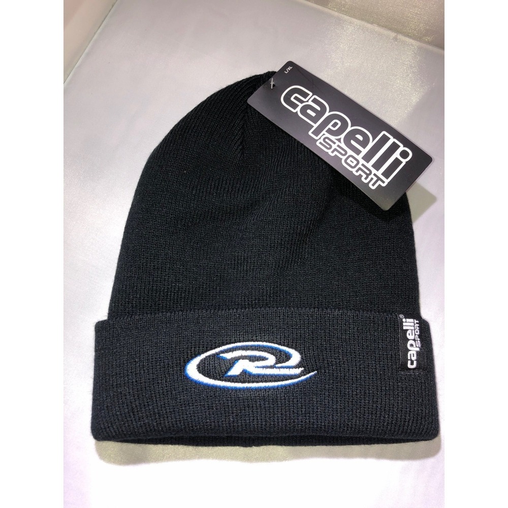 Capelli Sport Mens Black Cuffed Knit Beanie Hat Blue Logo L/XL AGX-1632‎ NEW